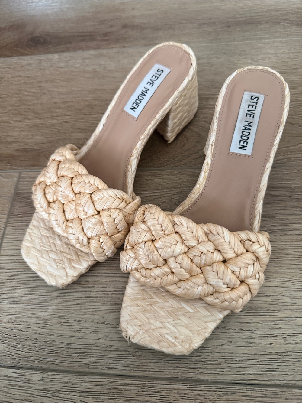 Steve Madden Braided Raffia Block Heel Mules in Beige